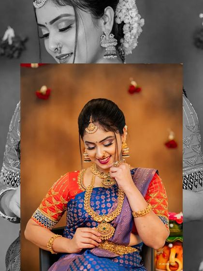 A creative edit using a color splash technique. By keeping the central portrait in full color against a monochrome background, we draw the viewer's eye directly to the vibrant saree and the model's happy expression.