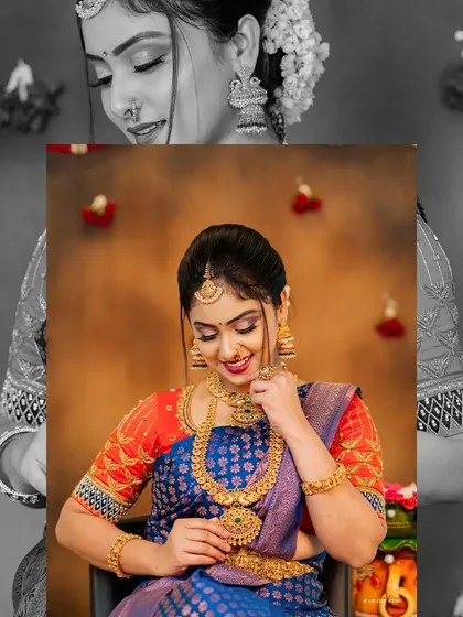 A creative edit using a color splash technique. By keeping the central portrait in full color against a monochrome background, we draw the viewer's eye directly to the vibrant saree and the model's happy expression.
