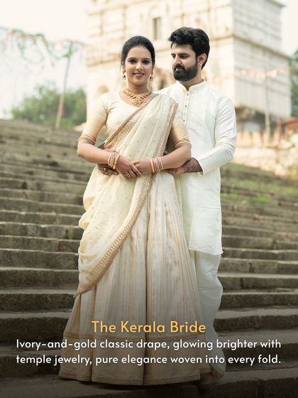 This look captures the serene elegance of a Kerala bride. The classic ivory and gold kasavu-style half-saree is paired with traditional temple jewelry, creating a look of pure, understated grace.