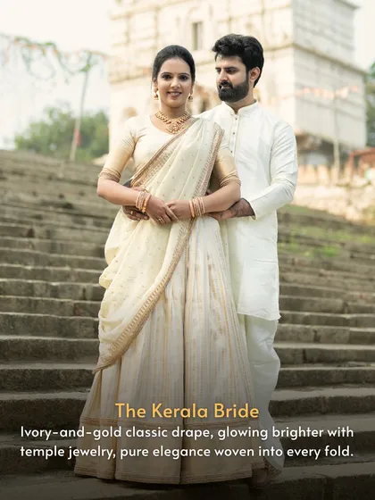 This look captures the serene elegance of a Kerala bride. The classic ivory and gold kasavu-style half-saree is paired with traditional temple jewelry, creating a look of pure, understated grace.