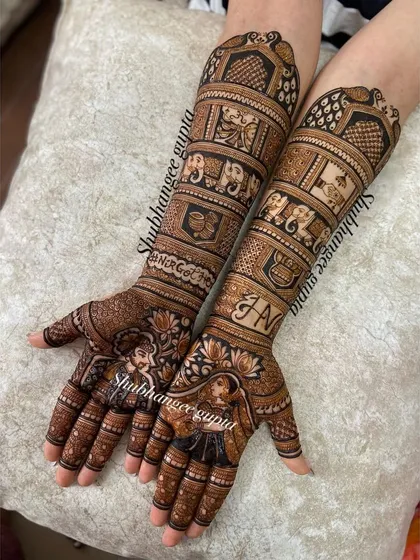 A full view of a bridal mehndi design I did for a lovely client. The design includes portraits, initials, and other personal elements.
