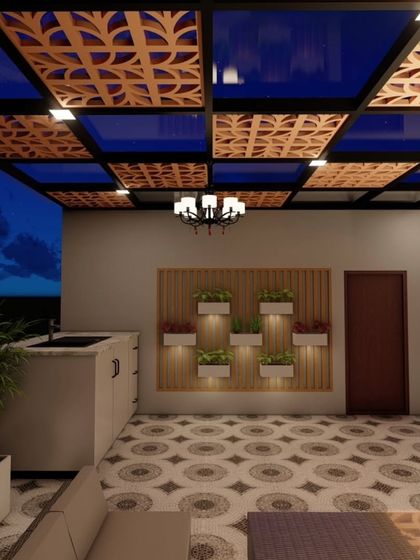 This nighttime 3D view of a terrace kitchen and lounge area demonstrates how I plan for both functionality and atmosphere. The combination of a glass pergola, vertical garden, and ambient lighting creates a perfect space for entertaining.