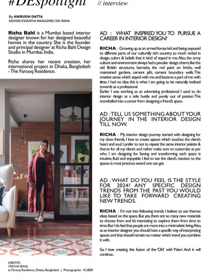 An interview snippet from the DE Spotlight feature, where I discuss my design philosophy and the inspiration behind the Dhaka project. I believe in creating spaces that are timeless, not trendy, by fusing the old with the new.