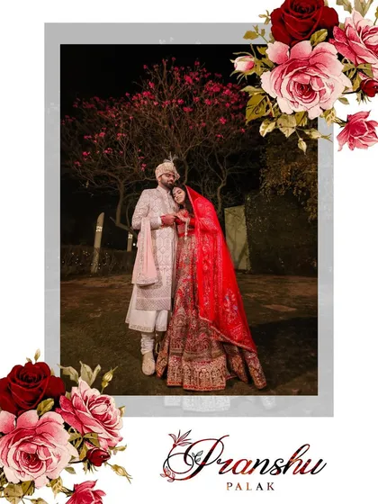 A regal wedding portrait of the couple standing under a beautifully lit tree at night. The floral border and elegant typography make this a picture-perfect memory.