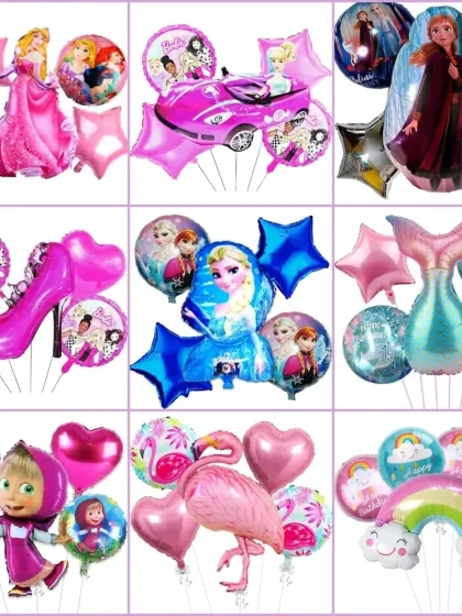 A catalogue of character and themed foil balloon sets for girls, including Disney Princess, Frozen, and mermaid themes.