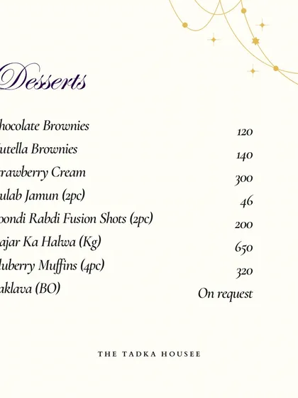 No party is complete without dessert. My New Year's dessert menu features everything from classic Chocolate Brownies and Gulab Jamun to seasonal Strawberry Cream.