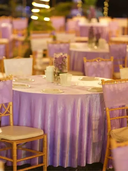A beautiful purple-themed seating arrangement for an outdoor reception. The lavender tablecloths and matching chair sashes create a cohesive and elegant look for the guest tables.