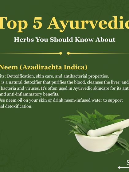 Neem is a natural detoxifier with potent antibacterial properties. It purifies the blood, cleanses the liver, and is excellent for skin care, especially for managing acne, due to its anti inflammatory benefits.