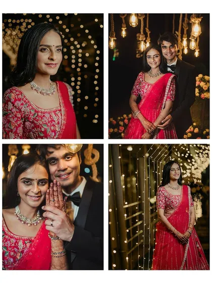 A beautiful collage of the bride in her stunning pink Sangeet outfit, capturing her elegance and happiness from every angle.
