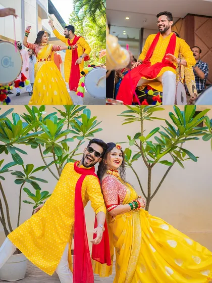 The pure, unadulterated fun of a Haldi ceremony. We thrive on capturing the energy of pre-wedding festivities, from playful dancing with dhol players to candid moments of celebration.