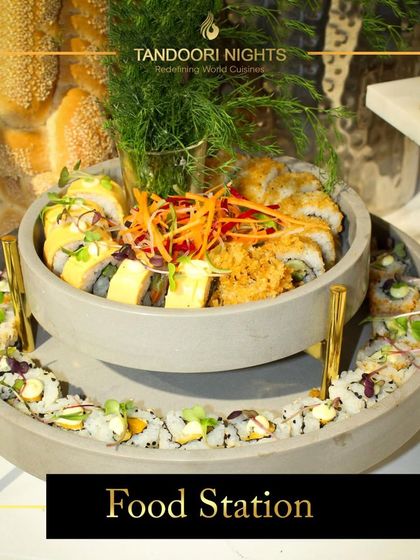 This multi-tiered sushi station is a perfect example of how we add charm to events. It's a functional and beautiful centerpiece for any cocktail party or reception.