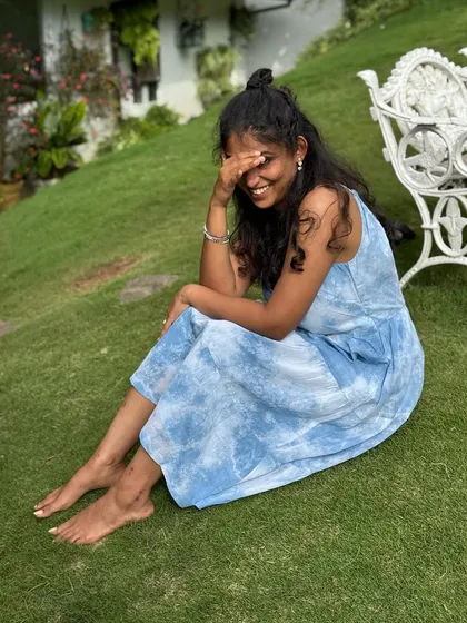 A candid moment of joy while wearing my hand-dyed indigo dress. The process of making it was as fulfilling as wearing it.