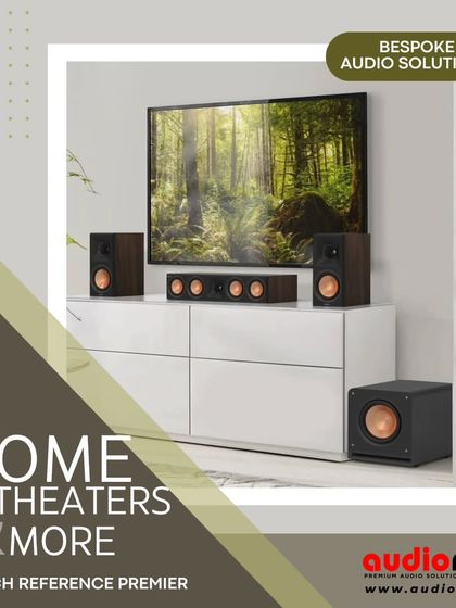 The Klipsch Reference Premier series offers a step up in performance and finish. This setup shows how bookshelf speakers and a matching center channel can create a cohesive and powerful front soundstage around a TV.