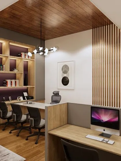 A 3D visualization of an office space with a mix of open workstations and a semi-private manager's cabin, using wood tones and fluted panels for a warm, modern feel.