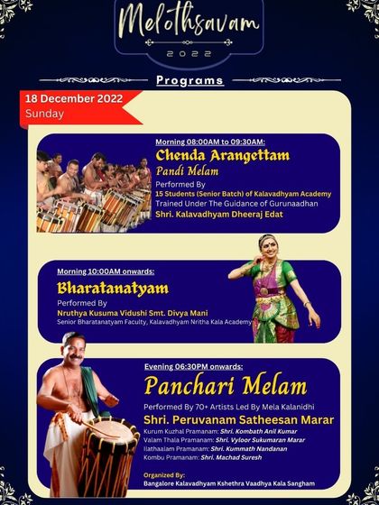 The detailed program schedule for 'Melothsavam 2022', featuring Chenda Arangettam, Bharatanatyam, and a grand Panchari Melam.