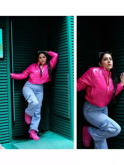 A creative diptych edit from a street style series. The bold pink puffer jacket stands out against the dark teal background, and the composition highlights different angles and poses for a dynamic fashion-forward look.