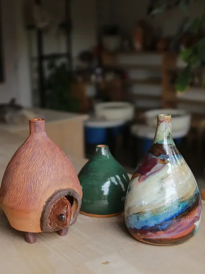 These whimsical, imaginative vases are the work of my students. They are learning to push boundaries and explore new techniques as they prepare for their graduation pop-up.