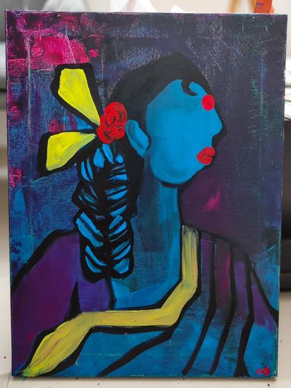 "Rose starring Saroja Devi," an acrylic on canvas tribute to the bold women of Tamil retro cinema. This piece celebrates female confidence and style with vibrant, unapologetic color.