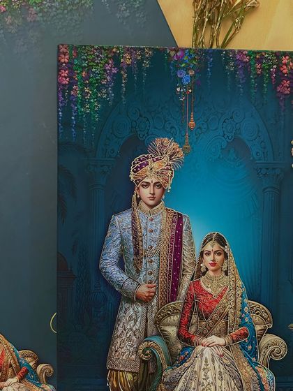 A detailed shot of the royal couple's illustration, highlighting the fine gold line work on their attire and the rich, layered background.