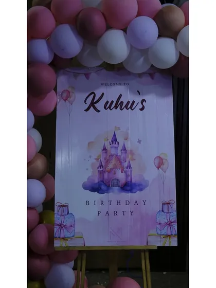 The welcome sign for Kuhu's princess party, featuring a magical castle in the clouds.
