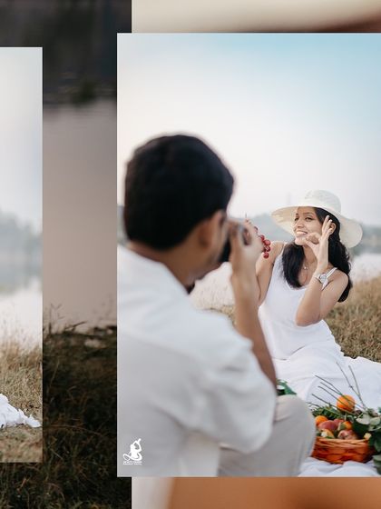 A fun and interactive moment as the bride-to-be poses for a photo during their picnic-themed pre-wedding shoot.