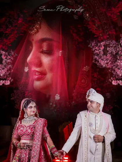 A creative double exposure, blending a close-up of the bride's face with a full-length portrait of the couple.