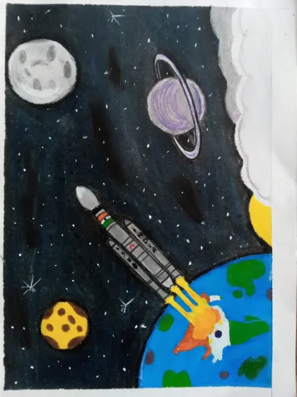 A detailed drawing of a rocket by Aditi, celebrating the Chandrayaan-3 mission. The artwork captures the rocket launching from Earth into space, surrounded by planets.
