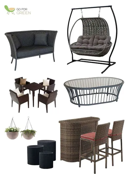 A catalog-style image showing a wide range of our products. Here you can see a two-seater sofa, a double swing, a dining set, a bar set, planters, and a coffee table, all in one place.