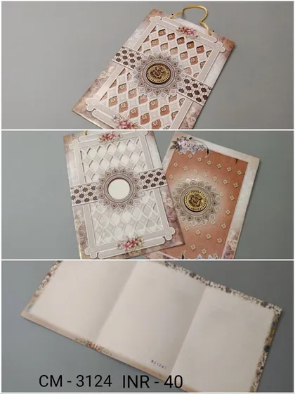 A tri-fold invitation with a rope handle, featuring a laser-cut lattice design and a central emblem. The card opens up to provide ample space for all your wedding information.