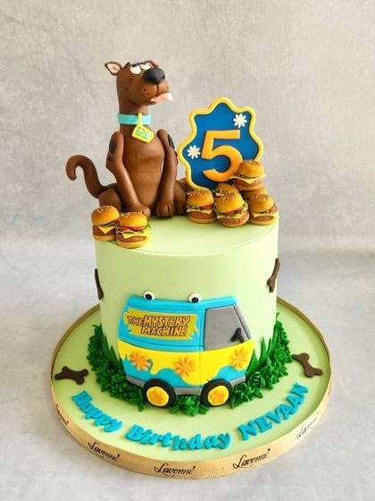 Scooby Dooby Doo, where are you? Right here on this cake for Nevaan's 5th birthday, with the Mystery Machine and a stack of his favourite burgers.