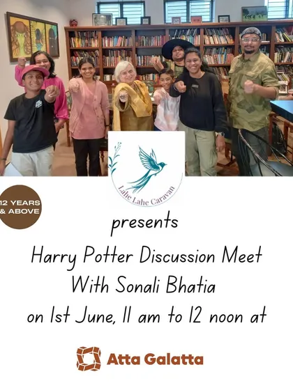 A poster for our Harry Potter discussion meet, showing the enthusiastic group of Potterheads who attended. We love hosting fandom meetups.
