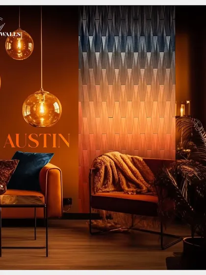 The 'Austin' wall panel, with its warm ombré tones, provides a radiating touch of luxury in this living room. The geometric texture and smooth finish complement the cozy, modern furniture and ambient lighting.