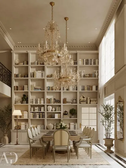 This angle reveals the floor-to-ceiling library wall that serves as a dramatic backdrop to the dining table. This feature transforms the room into a dining library, a space that celebrates both fine food and literature.