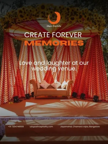 A vibrant, traditional mandap setup, creating a perfect space for wedding vows. We help you create forever memories filled with love and laughter at our wedding venues.