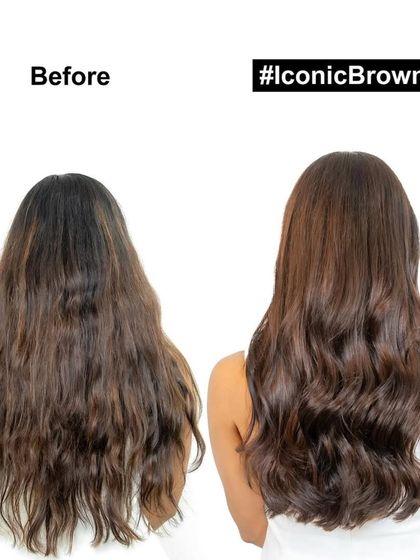 The before and after of this iconic brown transformation shows the power of a professional color service. We turned dull, uneven hair into a glossy, rich, and cohesive look.
