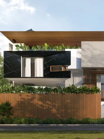 A duplicate of image 113, this render for the 'House of Reddys' focuses on the striking contrast between the black marble-clad element, the warm timber fence, and the lush rooftop greenery.