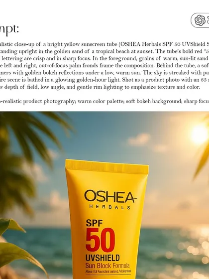Here is the exact, detailed prompt I wrote in ChatGPT to generate the perfect beach scene for this sunscreen product. I specified everything from the lighting and lens to the mood, showing how I use AI as a precision tool for creative direction.