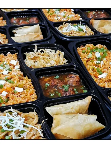 A full spread of my Saturday Special Chinese meal, with multiple platters ready for a corporate order.