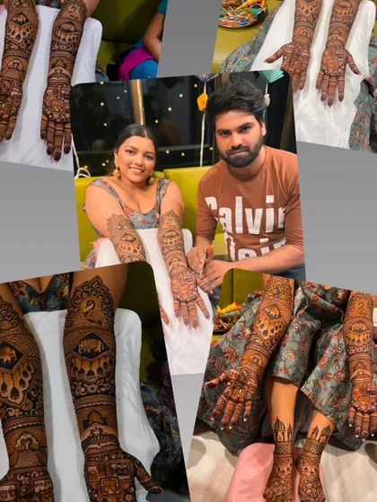 A collage showing different angles of a beautiful bridal mehandi and a happy photo with the client.