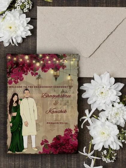 This version of the invitation uses a vibrant bougainvillea theme. The bright pink flowers add a pop of color and a festive feel to the couple's custom illustrated invite.