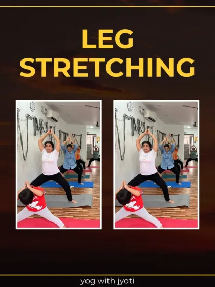 Leg stretching is for everyone. A young student practices a wide-legged stance alongside an adult, showing how yoga is adaptable for all ages.