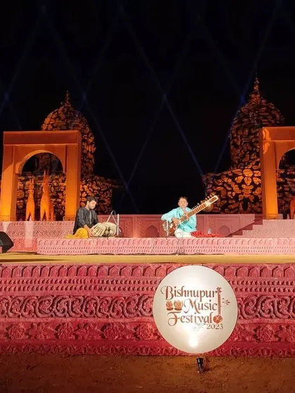 Another perspective of the magnificent stage at the Bishnupur Music Festival. The lighting and a large, appreciative audience made the night unforgettable.