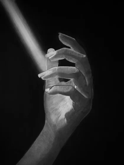 "Hope." This drawing from Day 10 depicts a hand catching a single ray of light in the darkness. It's a simple but powerful concept.