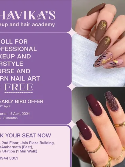 A promotional flyer for the professional makeup and hairstyle course, with a special offer to learn nail art for free.