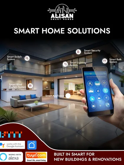 We provide built-in smart solutions for new buildings and renovations. Our systems integrate everything from smart switches and lighting to security and motorized curtains, all compatible with Google Assistant and Alexa.