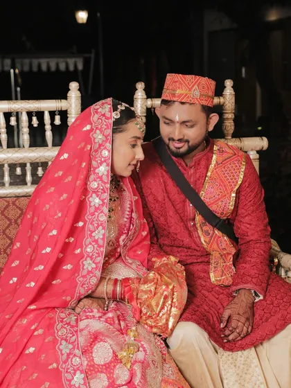 A beautiful portrait of the couple. The bride's makeup is soft and elegant, creating a timeless memory of their wedding day.