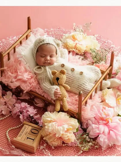 A beautiful composition featuring a newborn sleeping in a miniature bed, surrounded by a wreath of pink flowers. This setup includes a small calendar block to mark the special date of the session.