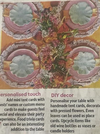 A close-up from my feature in the Times of India. This section highlights the importance of a personalized touch with mini tent cards and DIY decor using pressed flowers and upcycled items.