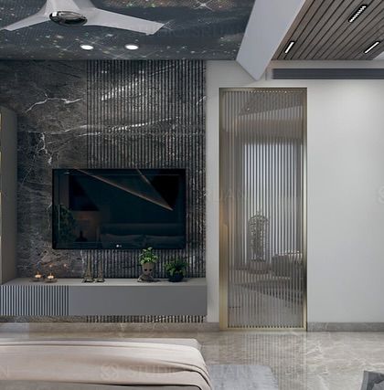 This bedroom in a South City project features a unique, starry-sky-effect ceiling and a TV wall with dark marble and fluted panels.
