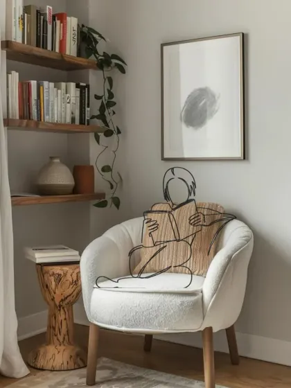 A perfect reading nook. We believe good design creates dedicated spaces for the things you love, like this cozy armchair next to floating wooden bookshelves.